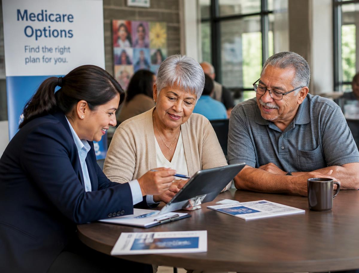 Agent reviewing Medicare options with beneficiaries at a community event